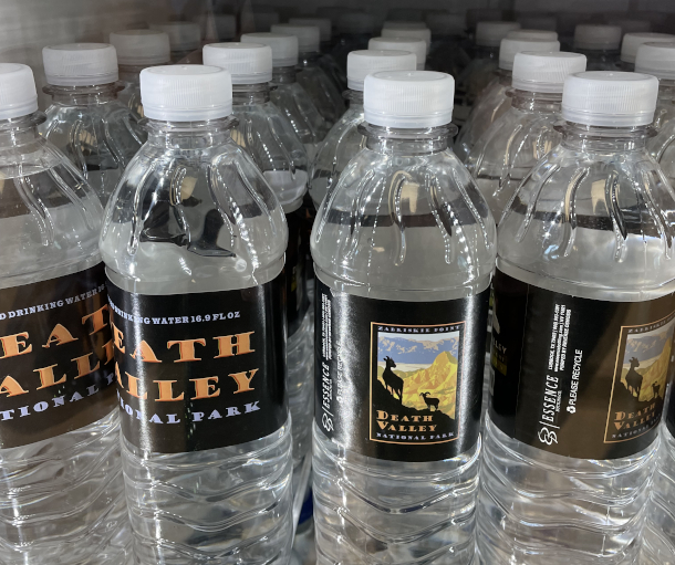 Water bottles for sale in Death Valley National Park, California. Sales of single-use products such as these are slated to end by 2032 in all Department of Interior facilities including in national parks. (Photo: Courtesy of Oceana)