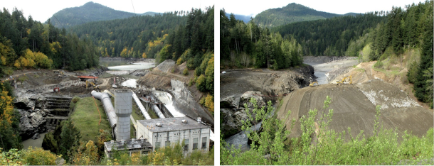 Left: Elwha Dam removal work on October 20, 2011. Right: Former Elwha Dam site on May 1, 2012. (Photo: National Park Service)
